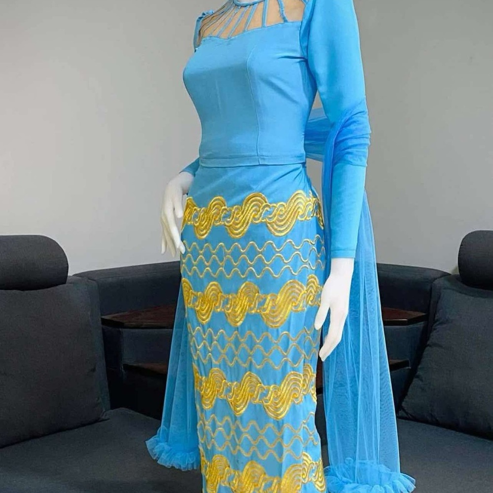 Vibrant Yellow and Blue Embellished Maxi Skirt for Casual Wear
